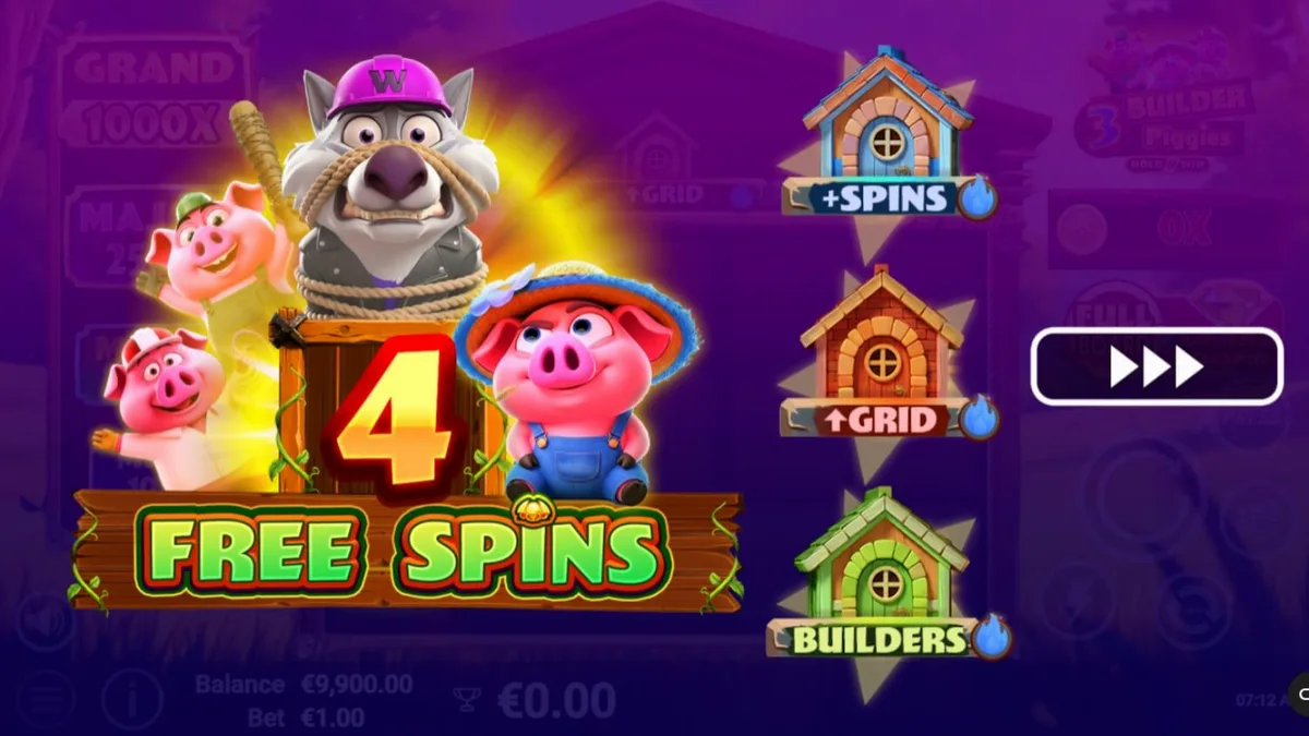 Interface colorida do slot 3 Builder Piggies com os personagens dos porquinhos