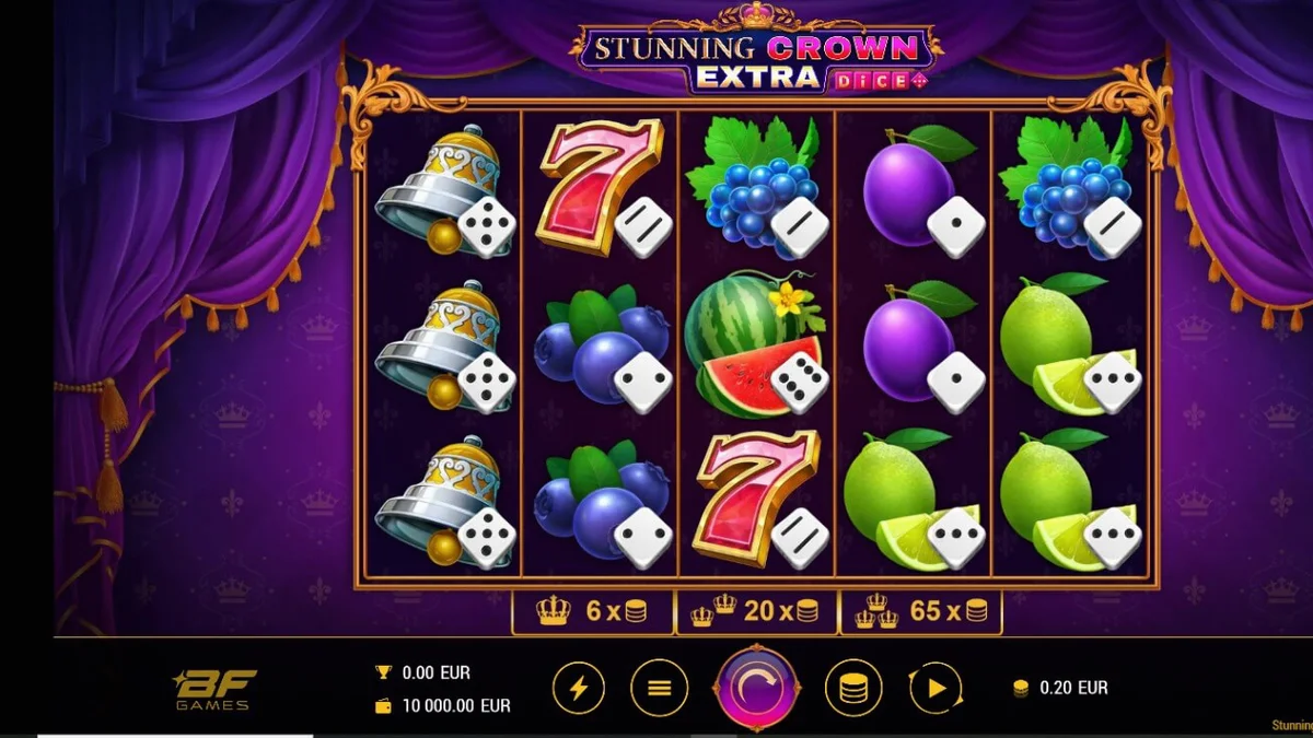Interface do slot Stunning Crown Extra Dice com símbolos de frutas e coroas brilhantes
