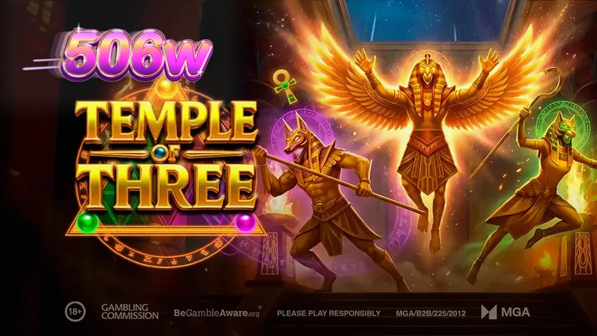 Interface do jogo Temple of Three com elementos egípcios e símbolos de divindades